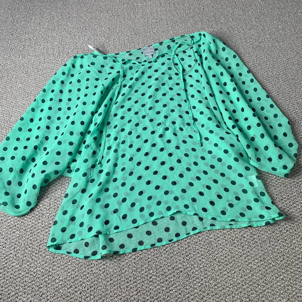 Hi There From Karen Walker Womens Blouse Size 10 Green/Black Polka Dot Tie Neck